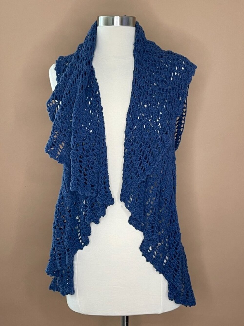 Questions Blue Crochet Open Knit Waterfall Vest Cardigan M
